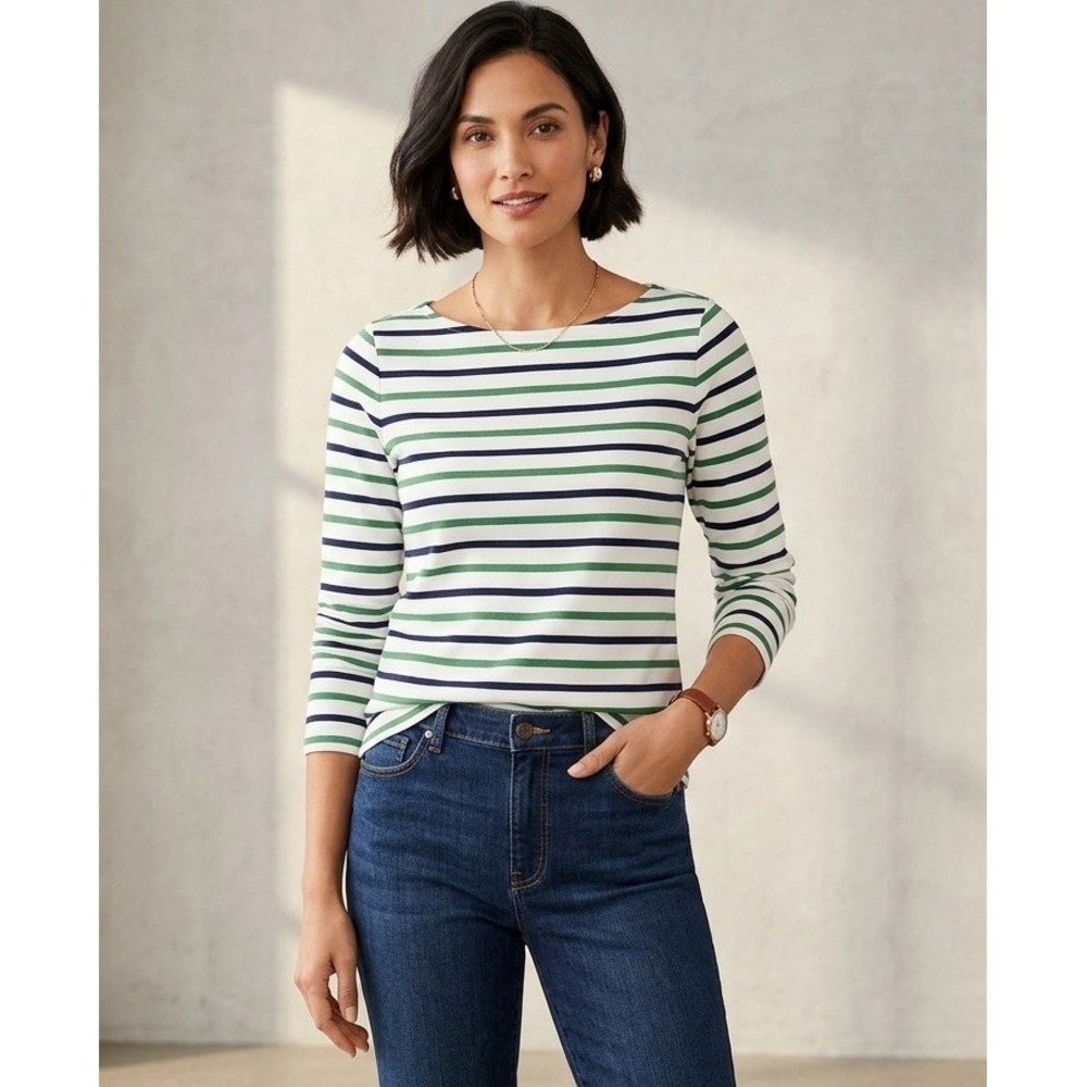 Talbots Striped Long Sleeve Tee Womens M White Green Navy Boat Neck Nautical